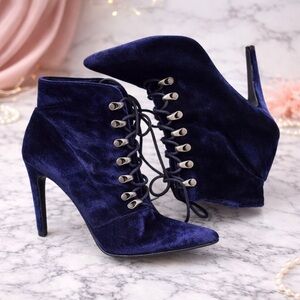 Navy Blue Elegant Velvet Lace-Up Ankle Bootie Heels